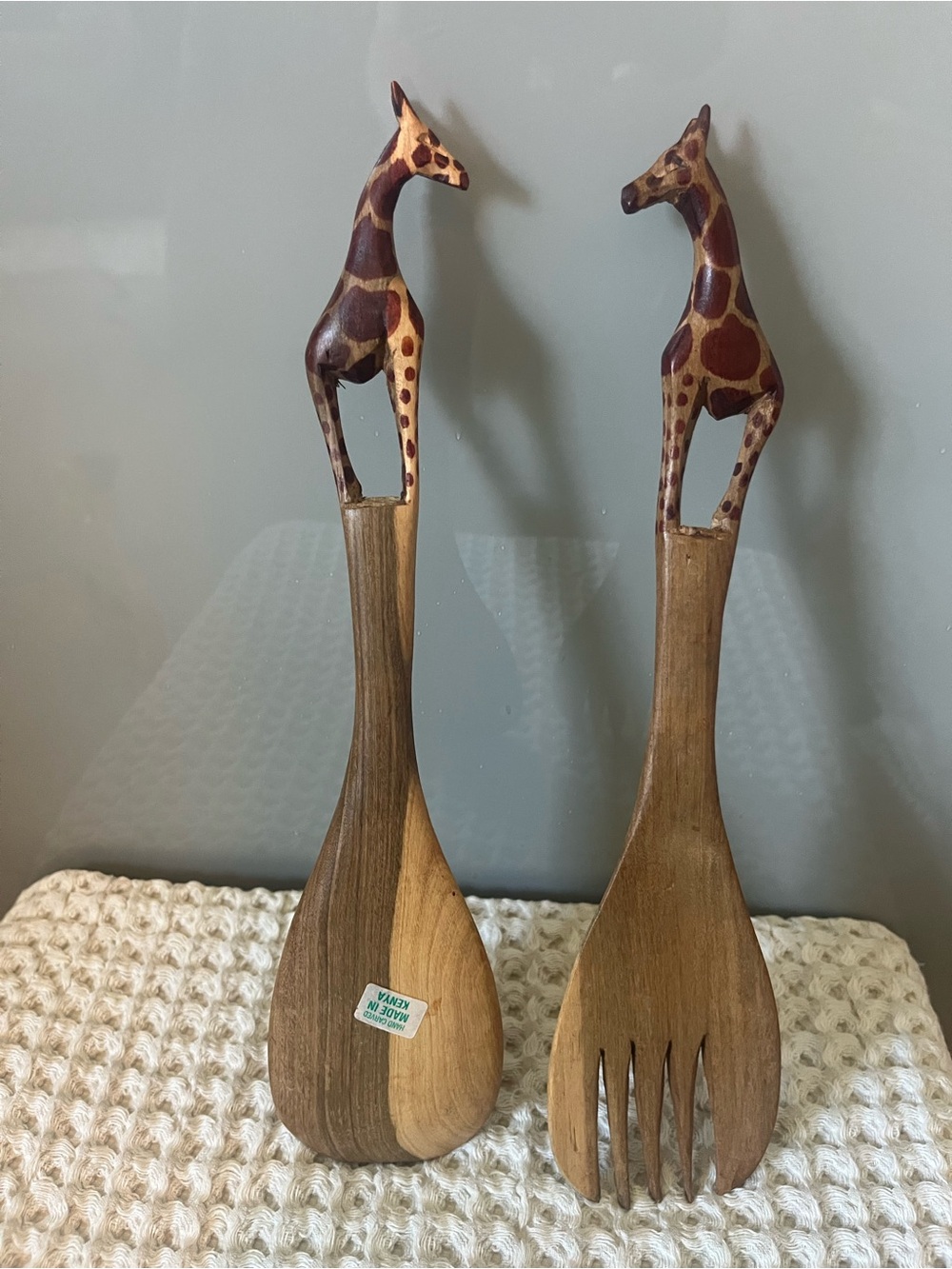 Handcarved Wooden Giraffe Salad Servers - Brown 515